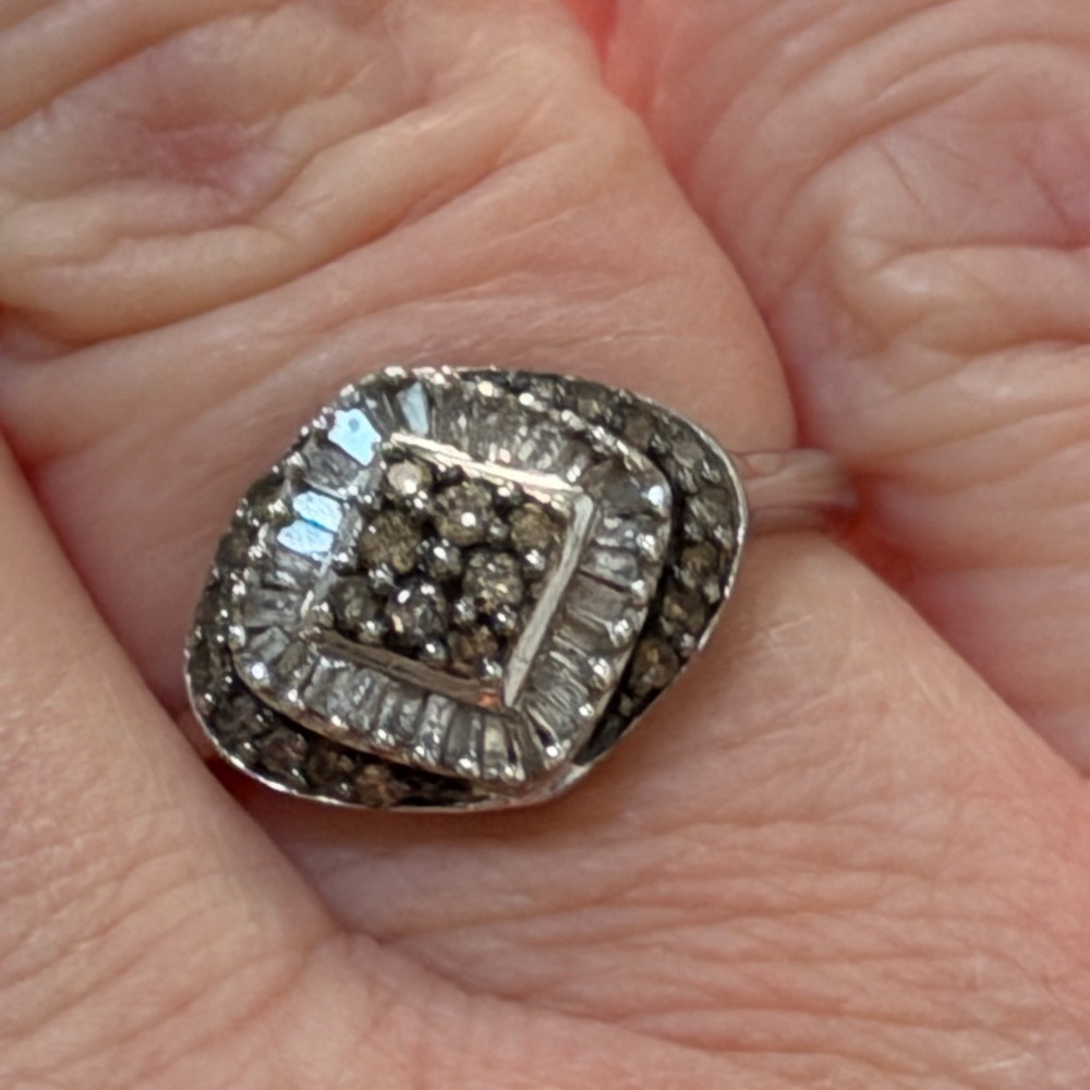 Elegant white and chocolate  Diamond Ring size 7 10 K white gold